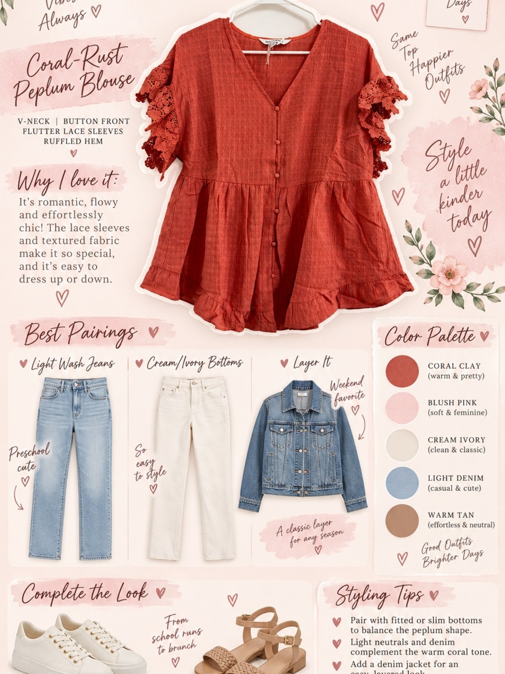 DAVI & DANI coral-Rust Peplum Blouse with Lace Flutter Sleeves